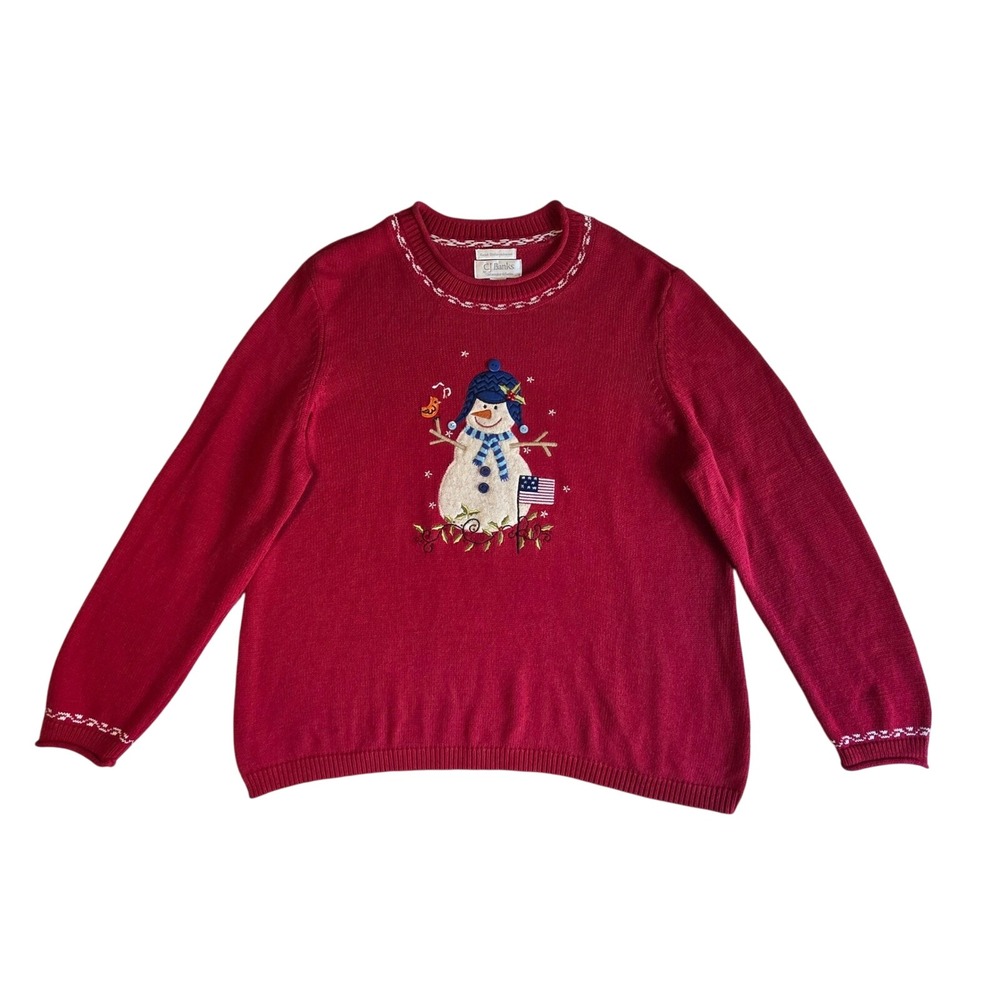 CJ Banks Hand Knit‎ Embroidered Sweater Red Holiday Festive Snowman Womens 1X